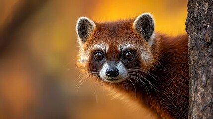 Fototapeta premium A tight shot of a raccoon in a tree, fixated on the camera with an intensive gaze