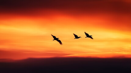 Fototapeta premium A flock of birds flying through a cloudy sky at sunrise, sunset, or morning or evening twilight