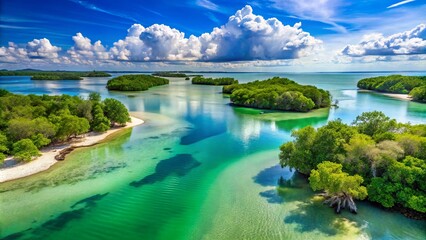 Fototapeta premium Serene turquoise waters weave through lush mangrove forests and sugar-white sandy shores in Florida's Ten Thousand