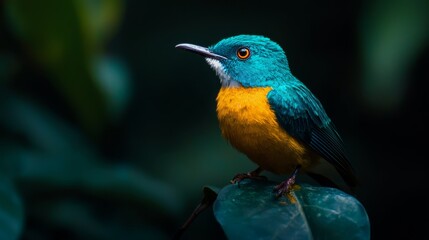 Fototapeta premium A blue-and-yellow bird perches atop a verdant plant, surrounded by green, foliage leaves