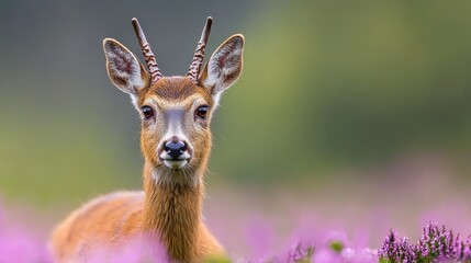  A tight shot of a deer's face amidst a field of purple blooms, background softly blurred