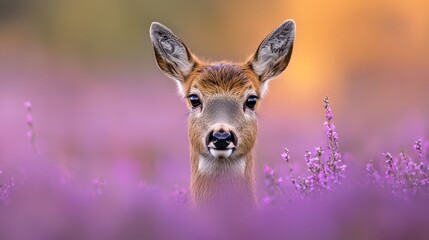  A tight shot of a deer's head with purple flowers nearby in the foreground, and a softly blurred background