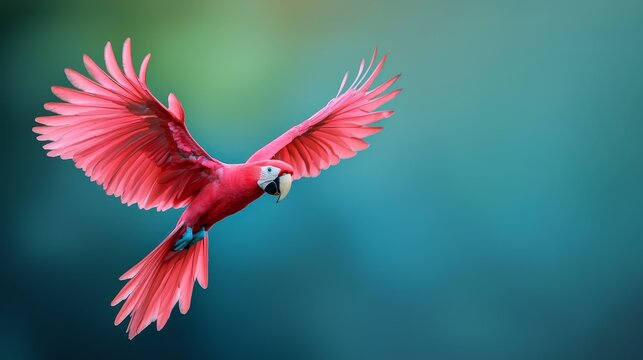  A red parrot in mid-flight, wings splayed, head tilted to the side