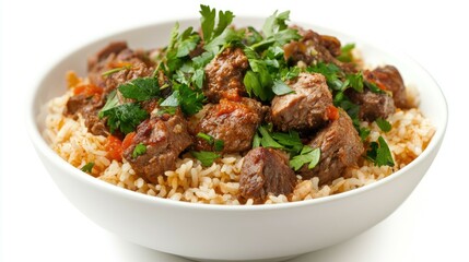 Fototapeta premium A white bowl filled with a hearty stew of tender beef cubes and rice, garnished with fresh parsley.