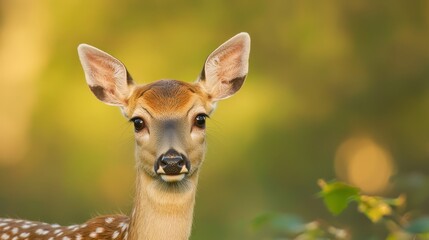 Obraz premium A tight shot of a small deer's face, surrounded by a hazy background of trees and bushes