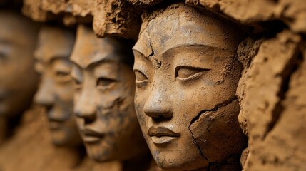 Fototapeta premium A collection of clay face sculptures adjacent to one another on a carved clay section of a wall