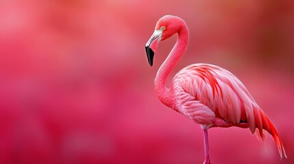 Fototapeta premium A pink flamingo before a pink backdrop, sporting black spots on its head and neck