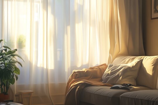 Cozy living room with sunlight filtering through sheer curtains, warm tones, and a comfortable couch adorned with pillows and a blanket.