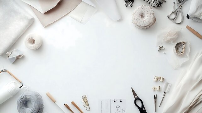 Flat Lay of Sewing Supplies with White Background