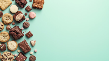 Mix of sweet treats like cookies and brownies on soft mint green background.