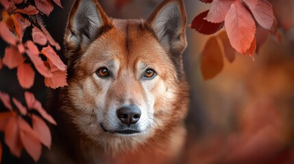  A dog's face in focus, gazing at a red-leafed tree with a softly blurred background