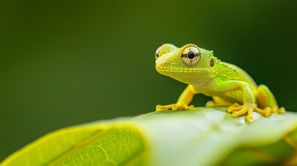 Obraz premium A tight shot of a green frog atop a leaf against a softly blurred backdrop of green foliage