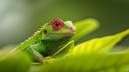 Fototapeta premium A tight shot of a green-and-red lizard perched on a leaf Its expression is defined by a vivid, red eye