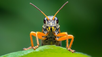 Fototapeta premium A tight shot of a grasshopper on a verdant leaf, surrounded by a softly blurred background