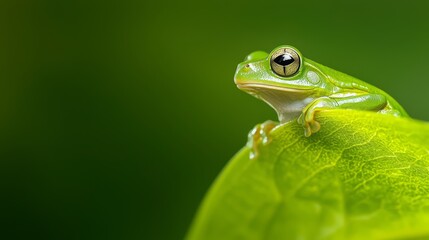 Naklejka premium A frog atop a green leaf on a paper background, mirroring its image