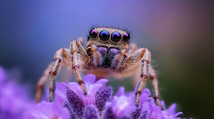  A tight shot of a jumping spider on a purple-flowered bloom Background softly blurred