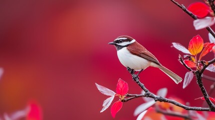 Fototapeta premium A small bird sits on a tree branch against a red-pink background, surrounded by red and yellow flowers