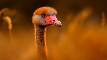 Fototapeta premium A tight shot of an ostrich's head in a sea of towering grasses, the backdrop softly unfocused