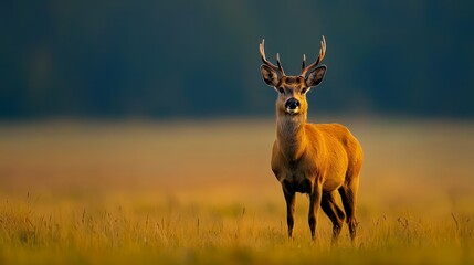 Naklejka premium A tight shot of a deer in a lush grassfield, its head facing opposite the camera