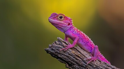 Fototapeta premium A tight shot of a lizard perched on a branch against a green and yellow backdrop, subtly blurred