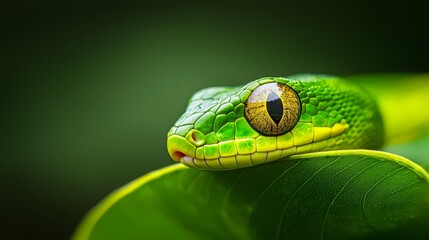Fototapeta premium A tight shot of a green snake's eye on a green leaf against a uniform green background