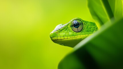 Fototapeta premium A tight shot of a green lizard's head emerging from behind a verdant leaf, against softly blurred surroundings