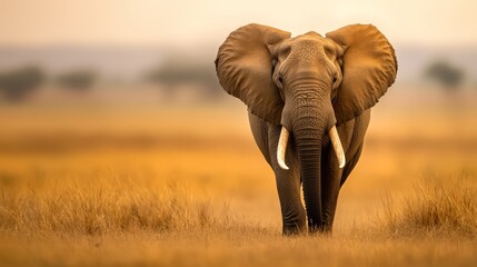 Fototapeta premium An elephant, its large tusks curved down, traverses a field of towering grasses under a sunlit sky