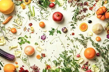 Fresh, colorful produce arranged on white background for vibrant food photography. Beauty and...