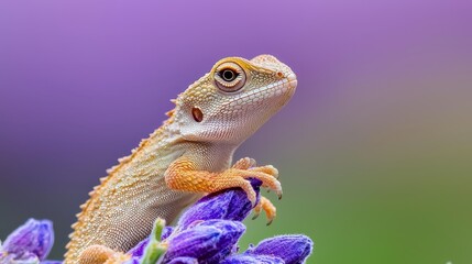 Obraz premium A tight shot of a lizard atop a purple-blossomed flower Background softly blurred