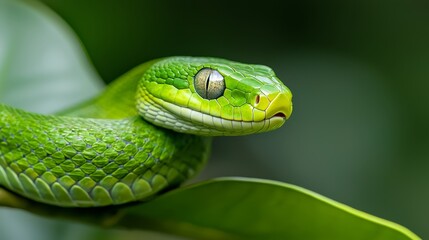 Fototapeta premium A tight shot of a verdant serpent coiled on a branch, with a distinct foliage leaf in sharp focus before it, while the background softens into an indistinct blur