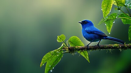 Obraz premium A blue bird perches on a tree branch, adjacent to a green leafy branch adorned with water droplets