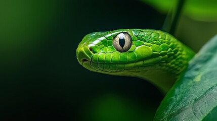  A tight shot of a green snake's head atop a green leaf against a backdrop of black and white