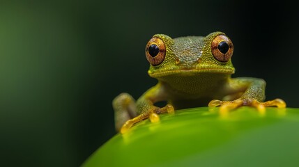  A tight shot of a frog perched on a verdant leaf against a softly blurred background