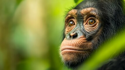 Fototapeta premium A tight shot of a monkey's face peeking through green tree leaves, backed by a softly blurred background