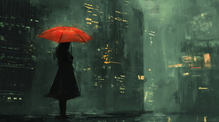 Lonely Woman with Red Umbrella in Abandoned Rainy Cityscape at Night, Digital Painting Depicting Urban Isolation and Melancholy Atmosphere