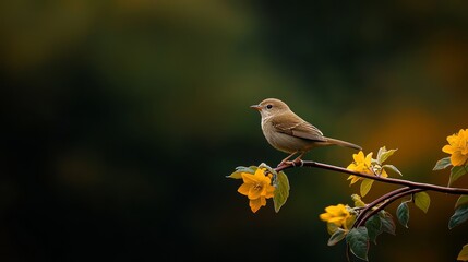  A small brown bird sits on a branch before yellow flowers; background softly blurred green