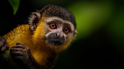 Obraz premium A tight shot of a monkey's face, a nearby leaf in sharp focus, background softly blurred