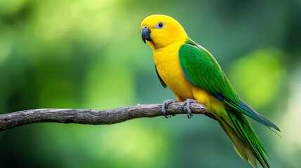 Obraz premium A yellow and green bird sits on a tree branch against a green, leafy backdrop