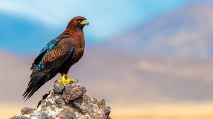 Fototapeta premium A brown-and-blue bird perches atop a rock against a backdrop of a blue sky and distant mountain range