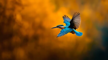Fototapeta premium A blue bird flies in the sky, wings sprawled, head tilted to one side