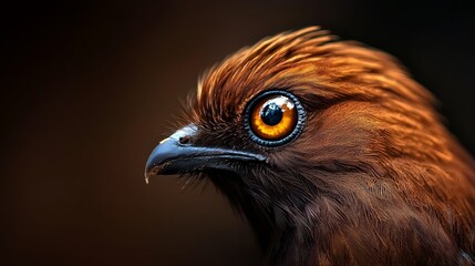  A tight shot of a bird's expressive eye, displaying an orange iris surrounded by golden yellow