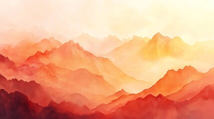 High-angle view of majestic mountains bathed in the soft orange glow of morning light, intricate watercolor detailing, tranquil and serene atmosphere
