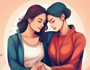 Empathy and Connection- concept illustratation, two women, holding hands or leaning on each other in support, in front of a minimal background, concept conveys friendship, empathy, and support