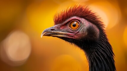 Fototapeta premium A tight shot of an ostrich's head against a backdrop of softly blurred light