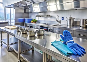 Sleek stainless steel food safety barrier with gloves and utensils on a commercial kitchen countertop, ensuring a