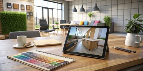 Sleek tablet displays 3D interior design software, surrounded by architectural drawings, color swatches, and design