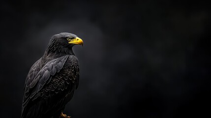Obraz premium A tight shot of a raptor perched on a tree limb against a black backdrop, surrounded by a darkened night sky