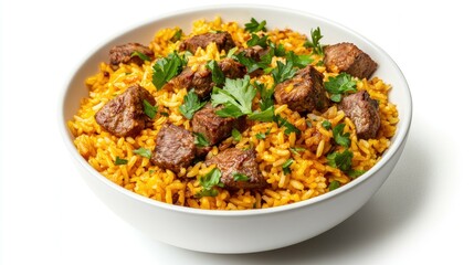 Fototapeta premium A white bowl of rice with cubes of meat and parsley garnish.