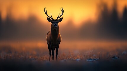  A deer stands in a field, surrounded by trees, against a backdrop of foggy sky