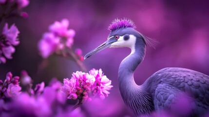  A tight shot of a bird holding a flower against a backdrop of purple blooms